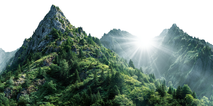 Lush green mountain peaks glowing under bright sunrise, isolated on transparent cutout background