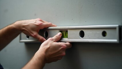 Close-up of hands adjusting a spirit level on a wall.