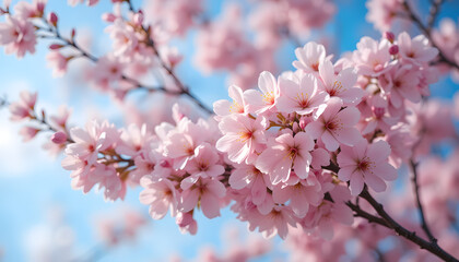Fototapeta premium Delicate pink cherry blossoms bloom vibrantly against a soft blue sky, heralding the arrival of spring.