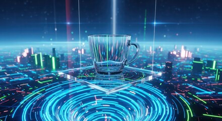 Futuristic glass mug on a platform above a swirling neon cityscape with light beams