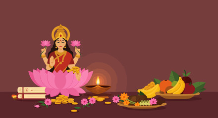 A serene flat design illustration depicting a minimalist puja setup for Goddess Lakshmi, symbolizing prosperity and wealth during Diwali. This vector art represents the spiritual aspect of the festivl