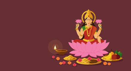 A serene flat design illustration depicting a minimalist puja setup for Goddess Lakshmi, symbolizing prosperity and wealth during Diwali. This vector art represents the spiritual aspect of the festivl