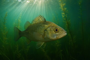 Fototapeta premium Underwater Luminescence: A solitary fish gracefully navigates the depths, its scales shimmering under a radiant beam of light, revealing the serene beauty of an aquatic realm.