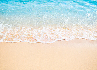 Summer background sea blue with sand beach at coast island scene mockup water nature travel vacation holidays tropical, mockup ocean ecosystem energy change environment, backdrop product cosmetic.