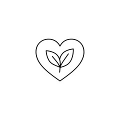Elegant line art icon of a heart embracing two stylized leaves, representing natural wellness, organic values, and environmental care with a gentle touch