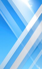 Obraz premium Abstract digital artwork featuring translucent, diagonally intersecting light-blue and white stripes against a bright-blue sky background; sun glare effect