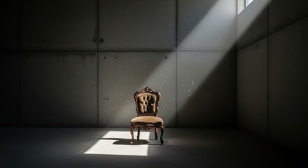 Ornate Chair Illuminated by Dramatic Light in a Concrete Room