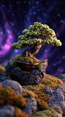 A miniature bonsai tree, nestled in moss-covered rocks, is set against a vibrant, cosmic backdrop of purple and pink nebulae