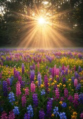 Obraz premium Blooming Field Under Sunlight: A vibrant field of wildflowers is bathed in the golden rays of the sun, creating a scene of tranquility and natural beauty, inspiring awe.