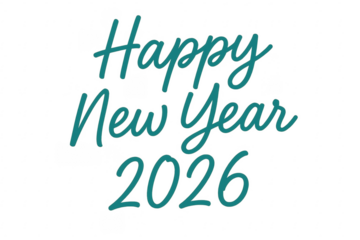 Happy new year 2026 turquoise lettering on transparent background