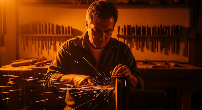 Man grinding metal, sparks flying in workshop