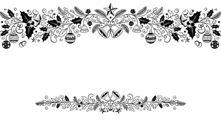 Elegant black and white Christmas decorative border with festive ornaments and foliage