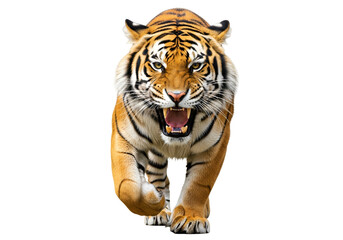 Naklejka premium A powerful tiger, mouth agape, strides forward against a stark black backdrop, showcasing its fierce demeanor and striking orange and black stripes.