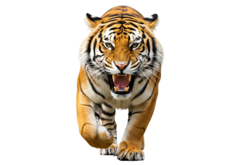 A powerful tiger, mouth agape, strides forward against a stark black backdrop, showcasing its fierce demeanor and striking orange and black stripes.