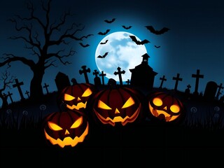 Spooky halloween night with carved pumpkins and bats flying under a full moon