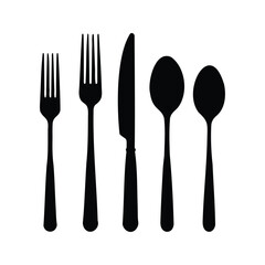Elegant silhouette of five piece cutlery set on a crisp white background, cutlery set silhouette vector illustration