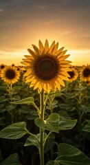 Obraz premium Golden Sunflower at Sunset: A vibrant and sunlit sunflower stands tall in a field, basking in the golden glow of the setting sun, creating a captivating natural scene.