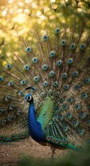 Obraz premium Peacock's Vibrant Display: A male peacock with an open fan of colorful feathers displays its beauty in the sunlight, showcasing elegance and artistry in nature. 