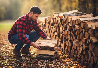 Man Carefully Arranging Firewood.