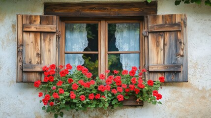 Rustic Window with Red Flowers.