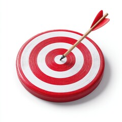 A red and white circular target with a wooden arrow piercing its center, set against a stark white background, showcasing accuracy and precision