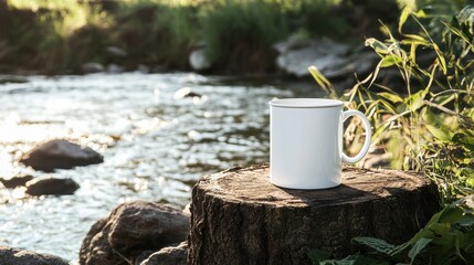 White Mug by River Peaceful Nature Scene.