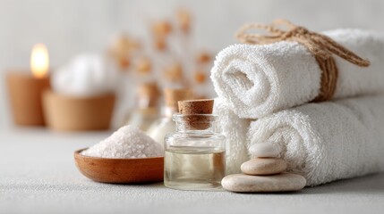Elegant photo of beautiful spa composition with natural cosmetic products on white fabric, closeup.