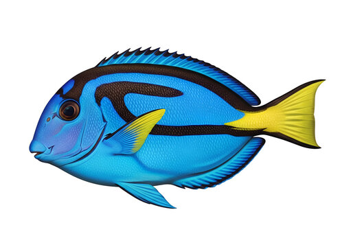 A vivid, detailed profile shot of a vibrant blue fish, highlighted by dark stripes and a bright yellow tail fin, set against a striking black background.