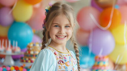 Smiling girl at birthday party with balloons and cake