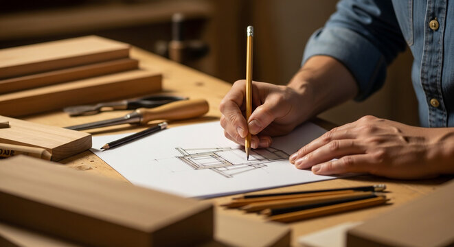 Hands drawing woodworking design on workbench - Powered by Adobe