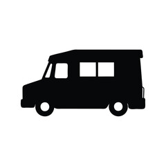 Black silhouette illustration of a delivery van ready for a food truck, taco truck silhouette vector illustration