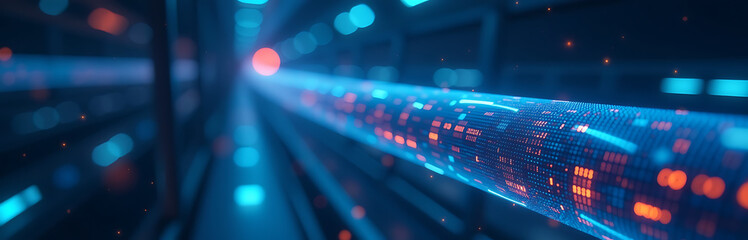 data stream flows sleek futuristic pipeline illuminated soft blue ambient light shallow depth field