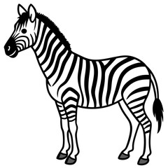 A stylized black and white zebra standing profile silhouette isolated on white background