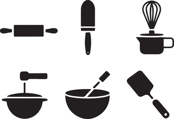 A collection of five bold black vector icons representing various baking elements and tools for culinary designs