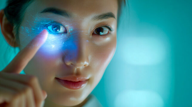 Korean woman interacting with futuristic eye technology. A close-up shot of an Asian woman's face with a digital interface projected onto her eye, with her finger touching the screen. Smart texhnology