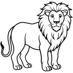 A majestic lion with a full mane standing proudly as a black outline silhouette isolated on white background