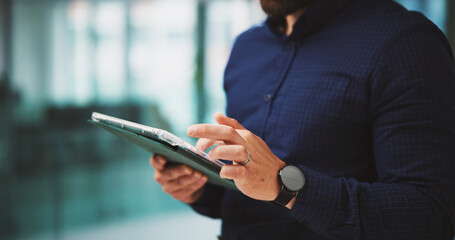 Scroll, hands and man in office with tablet, email feedback or communication in finance company....