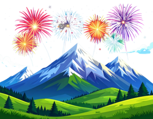 “Colorful Festival Fireworks over Mountains & Rivers”