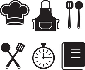 Set of 5 bold black vector icons representing various cooking utensils and food items