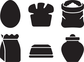 Collection of five bold black vector icons representing various food items and culinary elements
