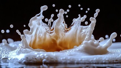 slow motion of milk splashing into coffee, high speed capture of a liquid crown splash, abstract background of a white liquid splash with droplets - Powered by Adobe