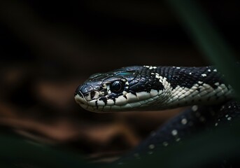 Obraz premium Black and White Snake Close-Up in Dark Setting