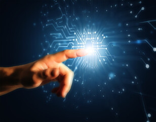 Close up of a human hand gently touching a subtly glowing intricate network of organic neural connections