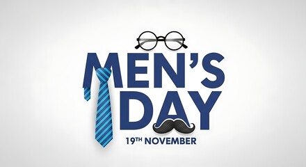 A creative illustration of mens day with a tie, glasses, and mustache on a clean white background