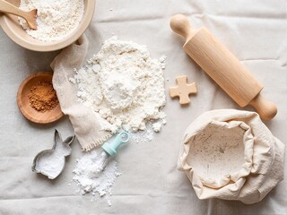 Fototapeta premium Baking ingredients including flour and rolling pin on table 