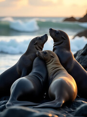 group seals closely entwined wet fur glistening warm sunlight converge rocky shoreline dusk