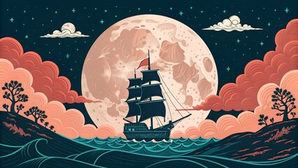 Sailing Ship at Sea Under a Dramatic Full Moon 