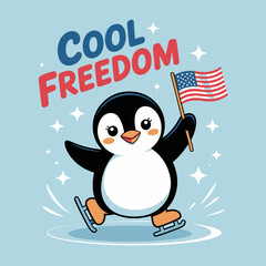 Cool freedom penguin vector illustration, patriotic cartoon design, cheerful independence celebration art, festive holiday graphics, liberty themed cheerful elements