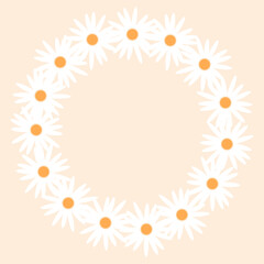 Minimalist vector illustration of a daisy wreath with white petals and orange centers on a soft pastel background. Perfect for greeting cards, invitations, posters, wedding designs, and decorative pro