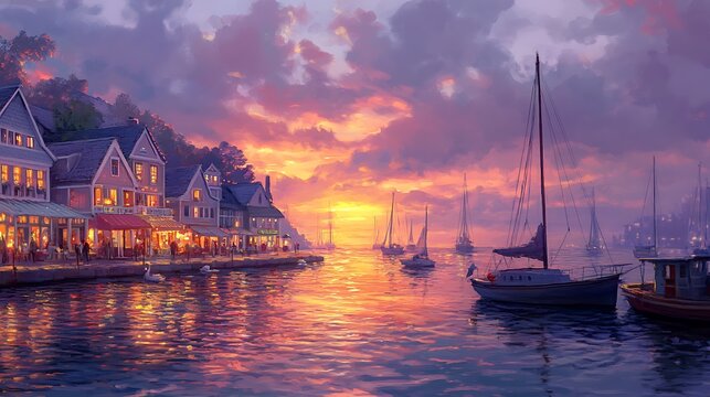 Peaceful sunset over harbor village with sailboats gently bobbing on water for serene coastal scenery travel relaxation nature landscape concept